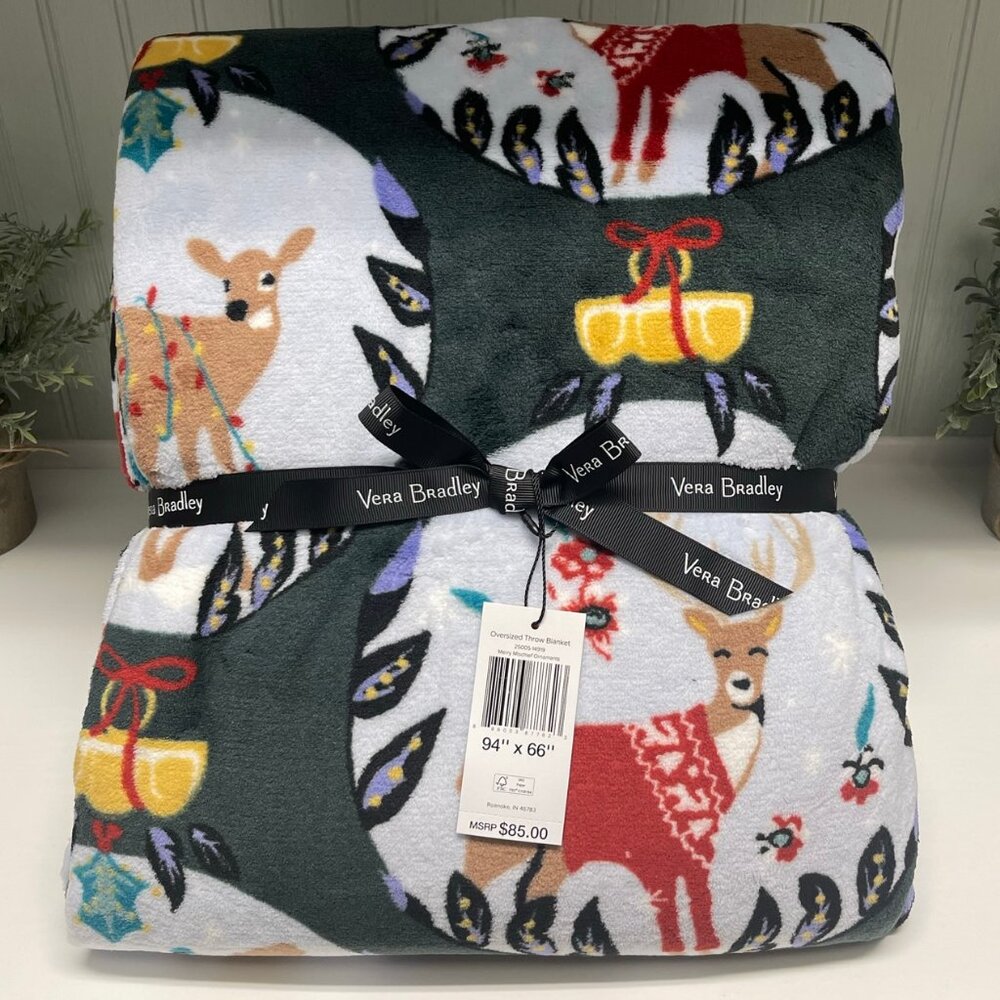VERA BRADLEY Oversized Fleece Throw Blanket Merry Mischief Ornaments NWT